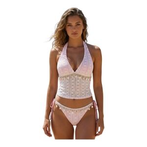 Samiol Pink White Crochet Lace Shell Tankini Set Size S